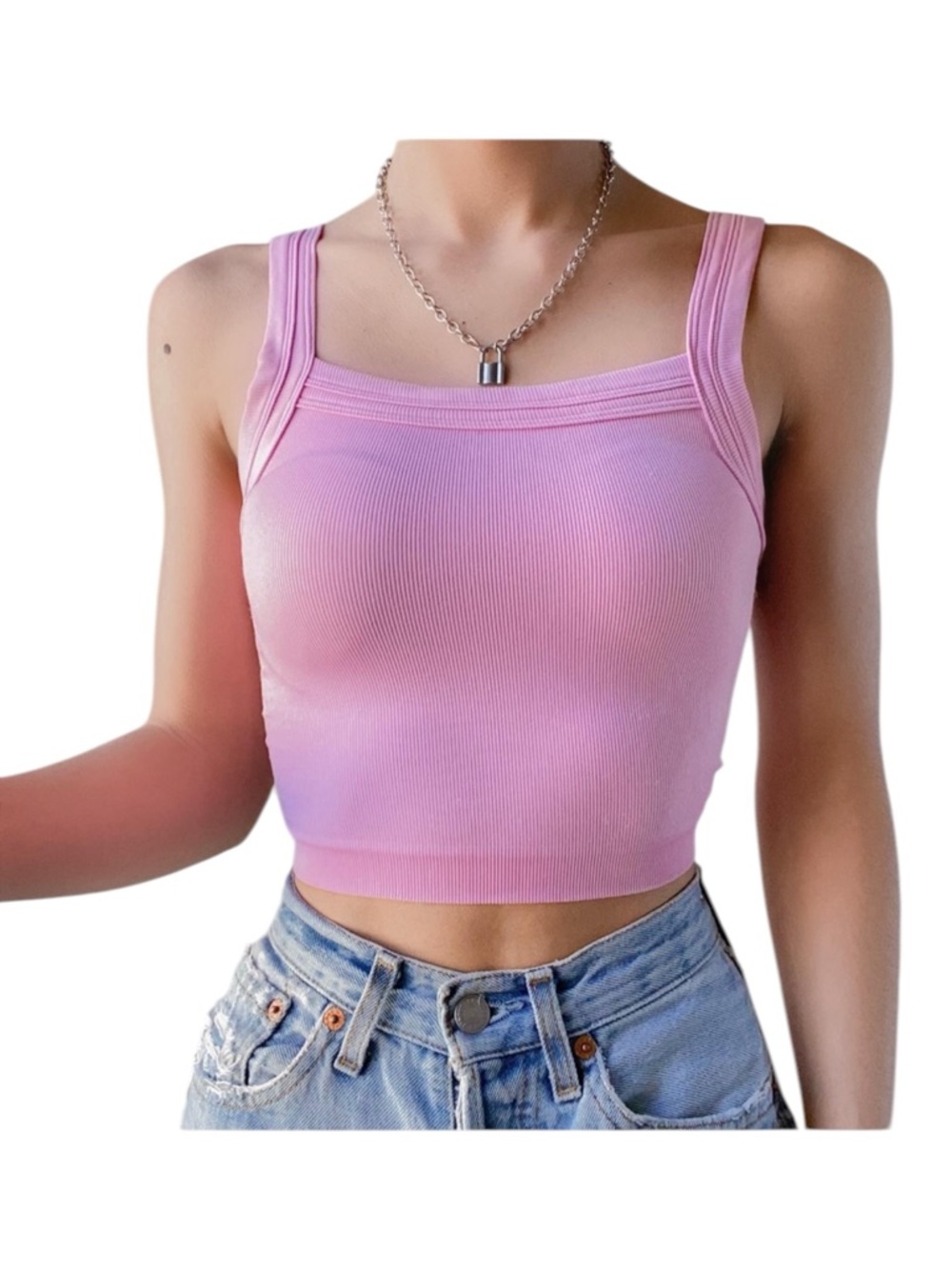 Urban Outfitters Cropped Ribbed Tank Wide Strap Pink XS/S